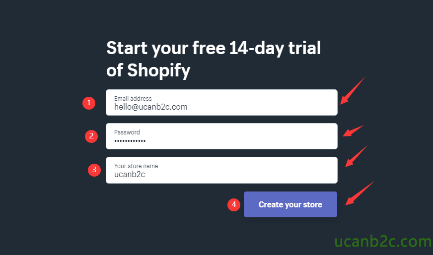 Start your free 14-day trial of Shopify Email address hello@ucanb2c.com Passmrd Your store name ucanb2c Create your store 