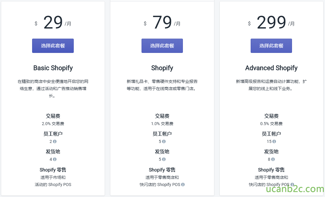 29 Basic Shopify 在 宿 致 的 商 店 安 金 使 蒙 地 开 您 的 生 意 通 洹 后 动 和 广 舌 动 消 长 ： 交 易 费 2 、 0 ％ 交 易 0 员 工 帐 户 2 0 发 货 地 4 0 Shopify 零 售 活 动 的 Shopify POS 79 Shopify 新 礼 品 卡 、 零 售 仁 支 亏 业 报 舌 等 功 能 ， 适 甲 于 在 线 商 店 豇 零 售 冂 店 ． 交 易 费 ] 0 ％ 交 易 0 员 工 帐 户 5 发 货 地 5 Shopify 零 售 适 甲 于 零 售 商 店 快 闪 店 的 Shopify POS 0 299 Advanced Shopify 新 庭 高 级 报 舌 和 运 巨 动 计 苤 功 能 ， 扩 就 您 的 线 上 和 线 下 业 务 ． 交 易 费 5 ％ 交 易 员 工 帐 户 Shopify 零 售 适 甲 于 零 售 商 店 和 快 闪 店 的 Shopify POS 0 