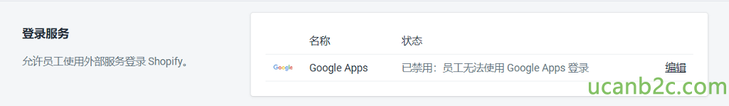 登 录 服 务 名 称 允 许 员 工 使 外 部 服 务 登 录 Shopify 。 G00 邙 e Apps 已 禁 ： ． 员 工 无 氵 去 仁 吏 用 GoogleApps 登 录 