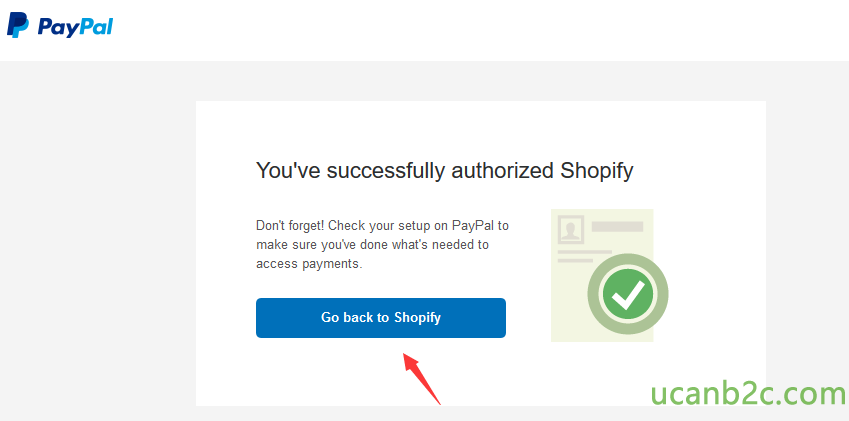 PayPal You've successfully authorized Shopify Dont forget! Check %ßur setup on PayPal to make sure youve done what's needed to access payments. Go back to Shopify 