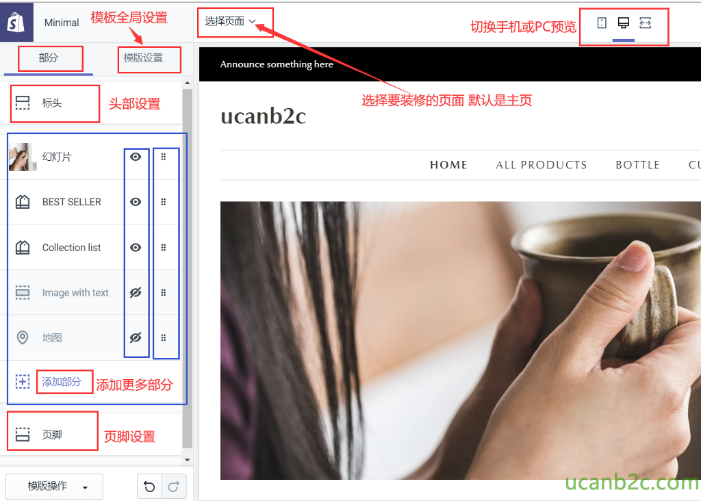 模 板 全 局 设 置 i 畢 页 面 v Minimal S ： 切 换 手 机 或 PC 预 览 亠 亠 Announce something here 选 择 ； 修 的 页 面 默 认 是 主 页 头 部 设 置 ucanb2c 幺 ] 灯 片 H O M E A L L P R O D U CT S B O T T L E C I BESTSELLER Collection list 口 Image With text 、 ： 亠 添 加 更 多 部 分 页 脚 设 置 模 版 操 作 0 0 